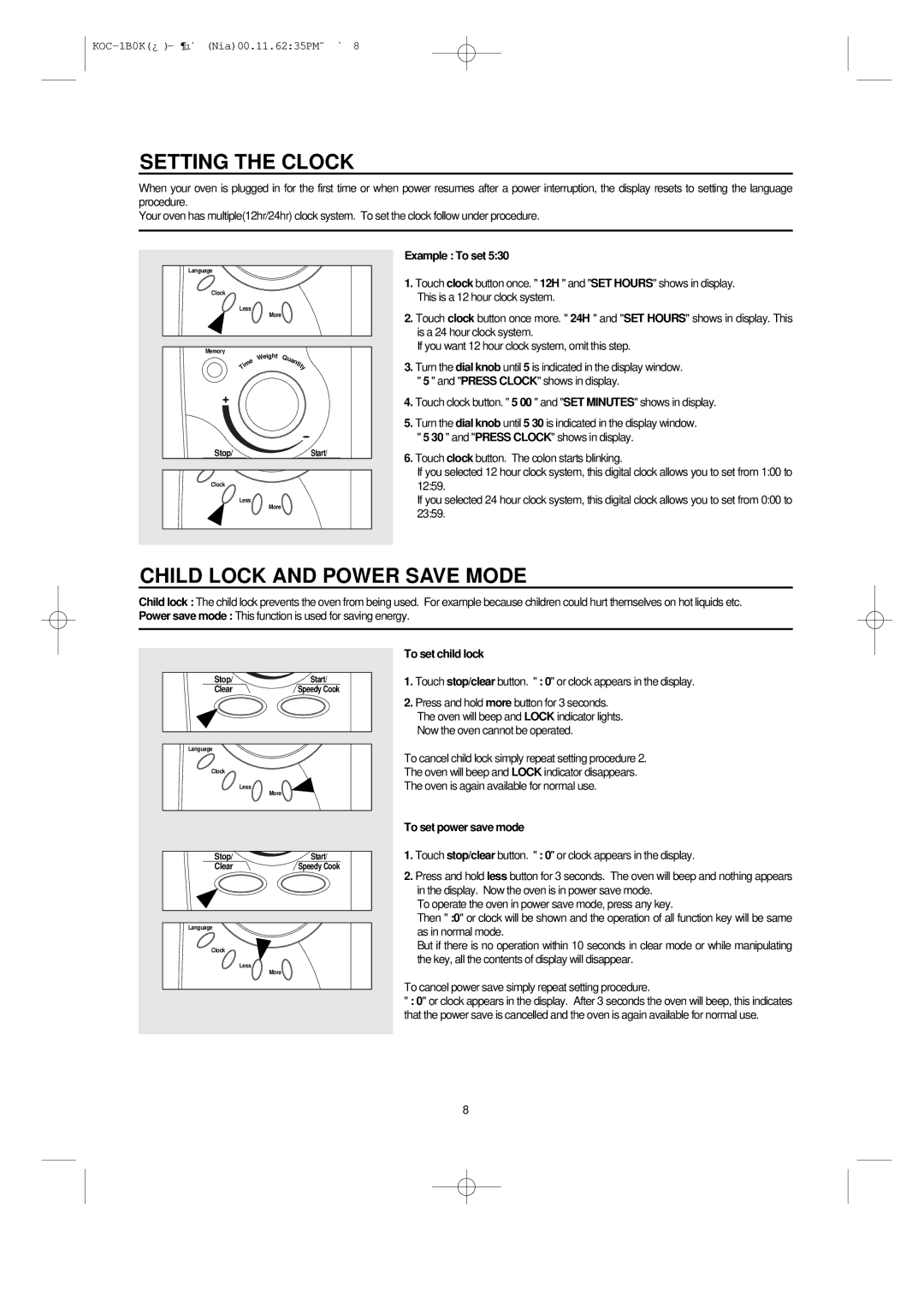 Daewoo KOC-1B0K owner manual Setting the Clock, Child Lock and Power Save Mode, Example To set, To set child lock 