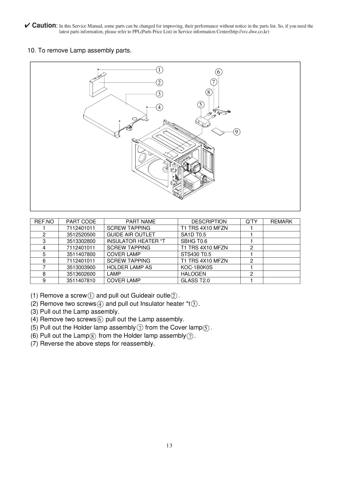 Daewoo KOC-1B0K0S service manual To remove Lamp assembly parts 