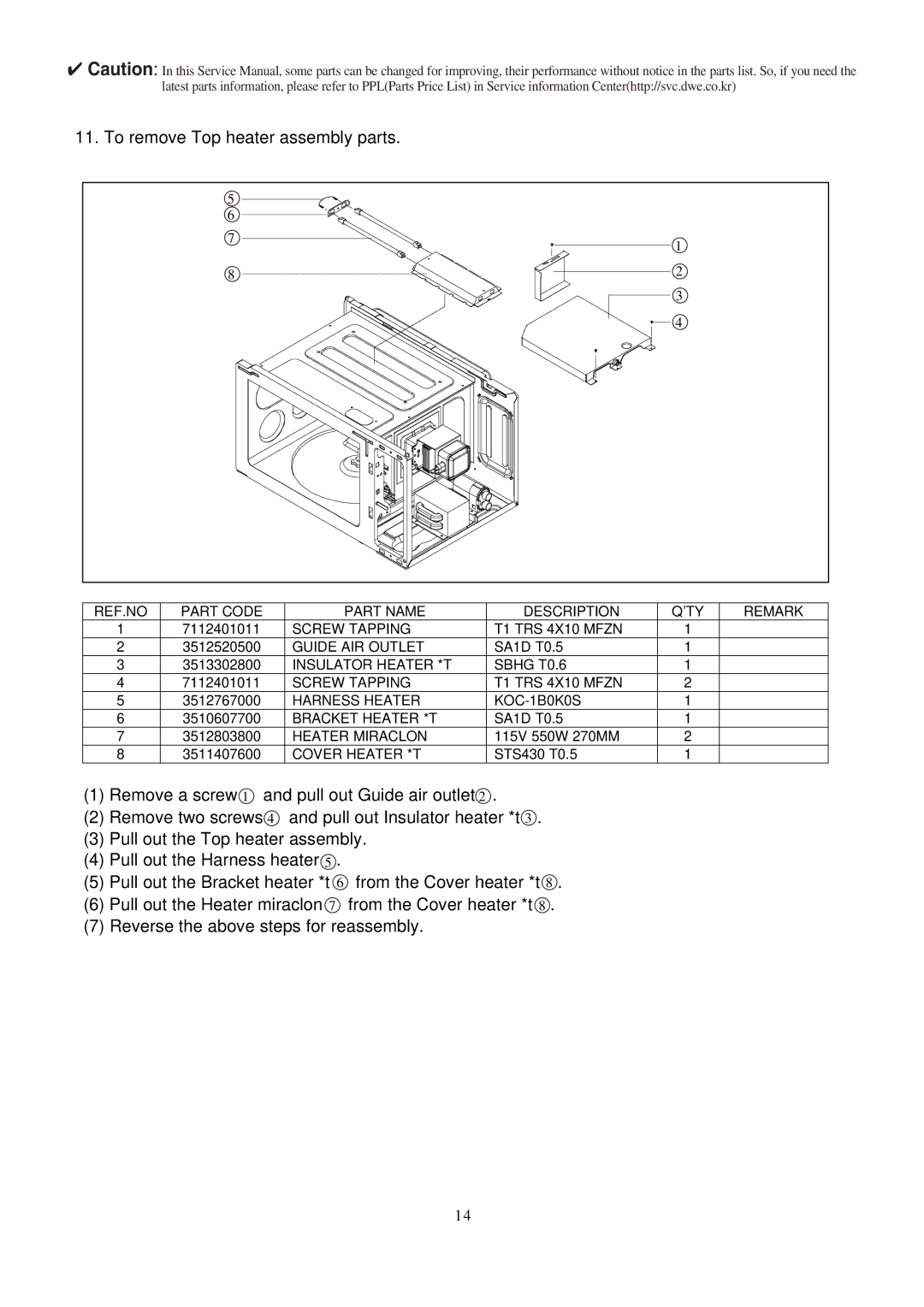 Daewoo KOC-1B0K0S service manual To remove Top heater assembly parts 