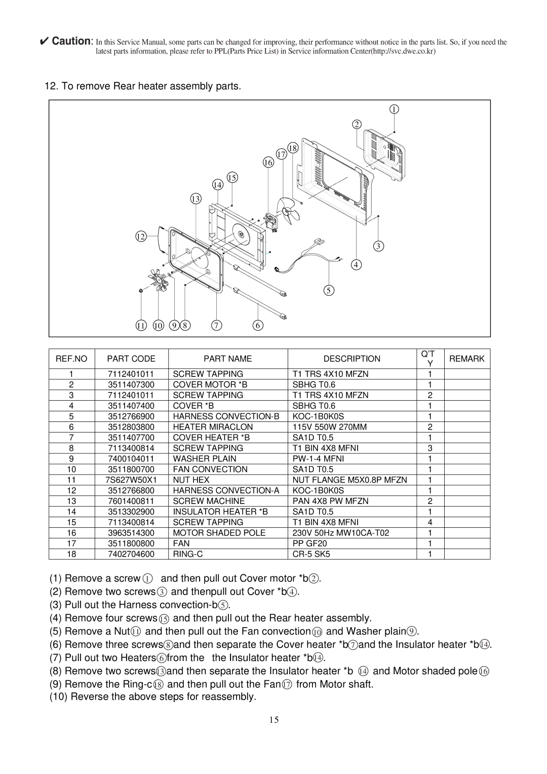 Daewoo KOC-1B0K0S service manual To remove Rear heater assembly parts 