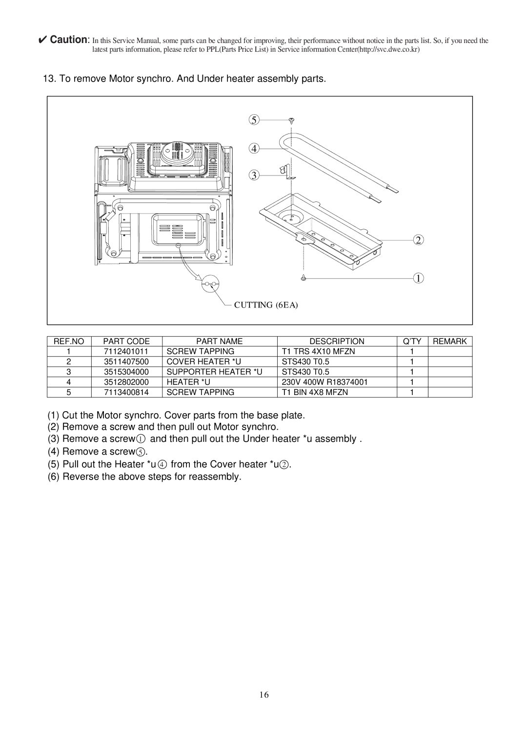 Daewoo KOC-1B0K0S service manual To remove Motor synchro. And Under heater assembly parts 