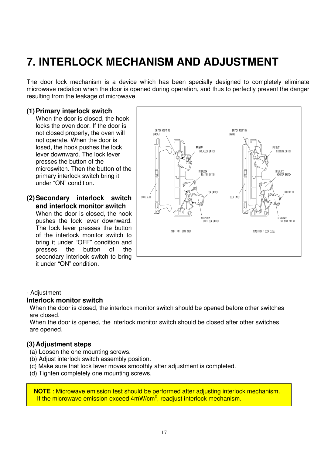 Daewoo KOC-1B0K0S service manual Interlock Mechanism and Adjustment, Primary interlock switch 