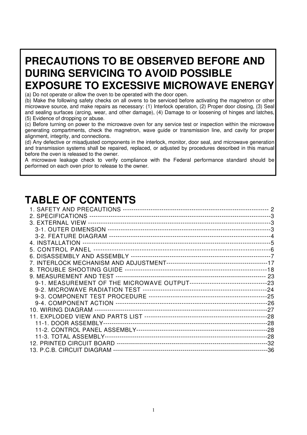 Daewoo KOC-1B0K0S service manual Table of Contents 