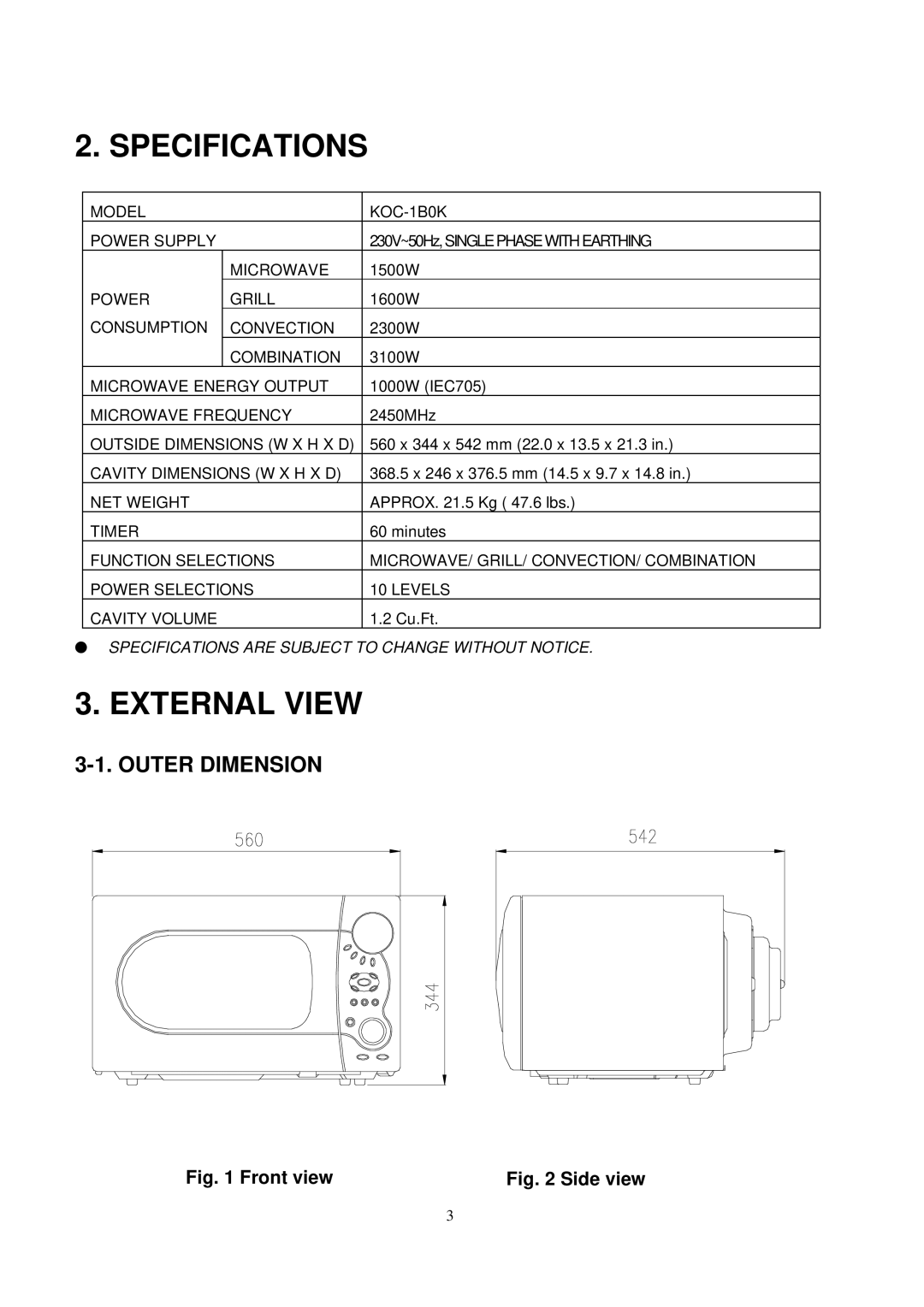Daewoo KOC-1B0K0S service manual Specifications, External View 