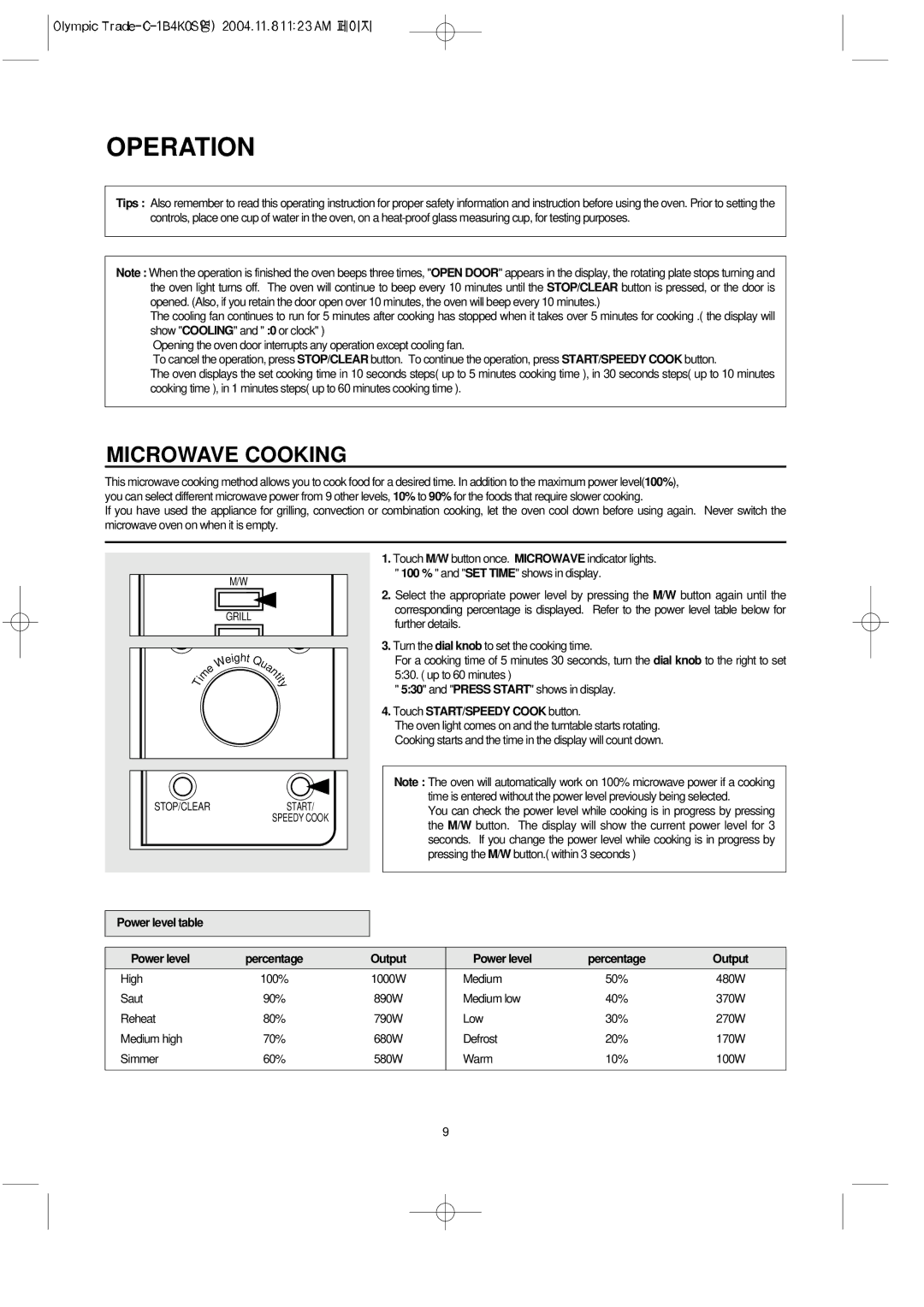 Daewoo KOC-1B4K owner manual Microwave Cooking, Touch START/SPEEDY Cook button, Power level table Percentage Output 