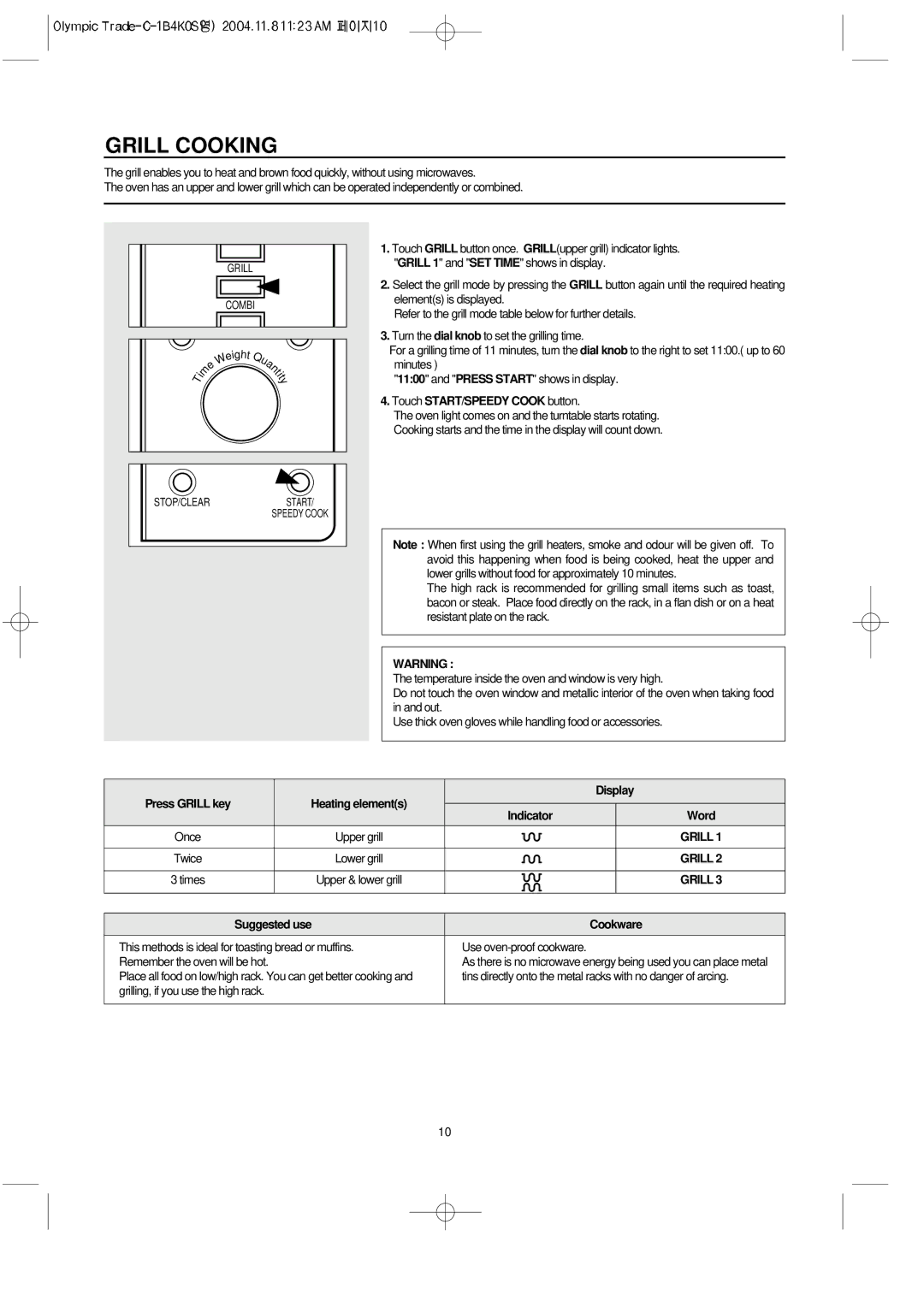 Daewoo KOC-1B4K owner manual Grill Cooking, Press Grill key Heating elements Display Indicator, Suggested use Cookware 