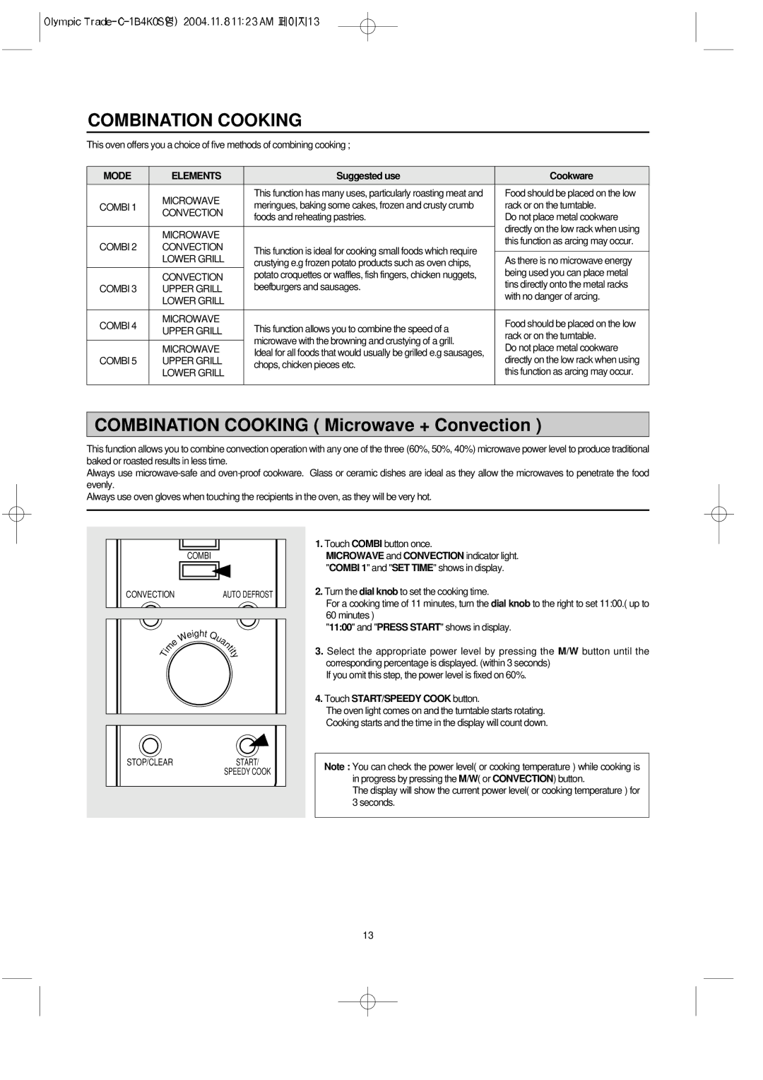 Daewoo KOC-1B4K owner manual Combination Cooking Microwave + Convection, Mode Elements 