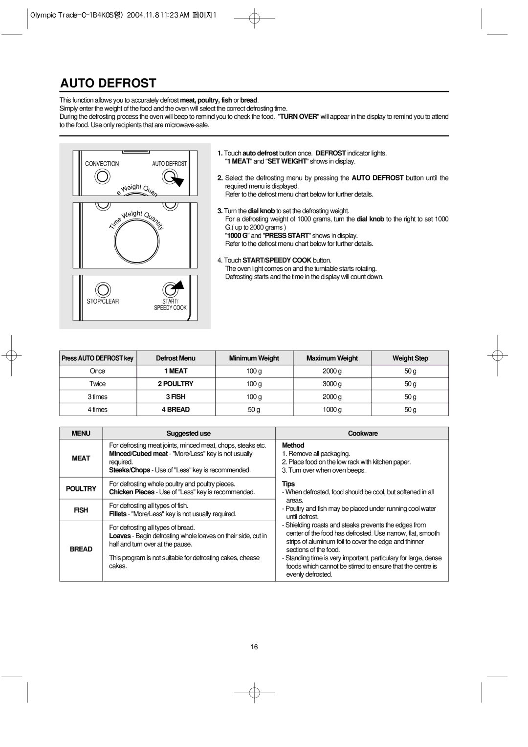 Daewoo KOC-1B4K owner manual Auto Defrost, Meat 