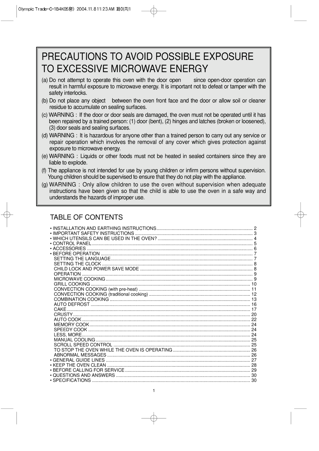 Daewoo KOC-1B4K owner manual Table of Contents 