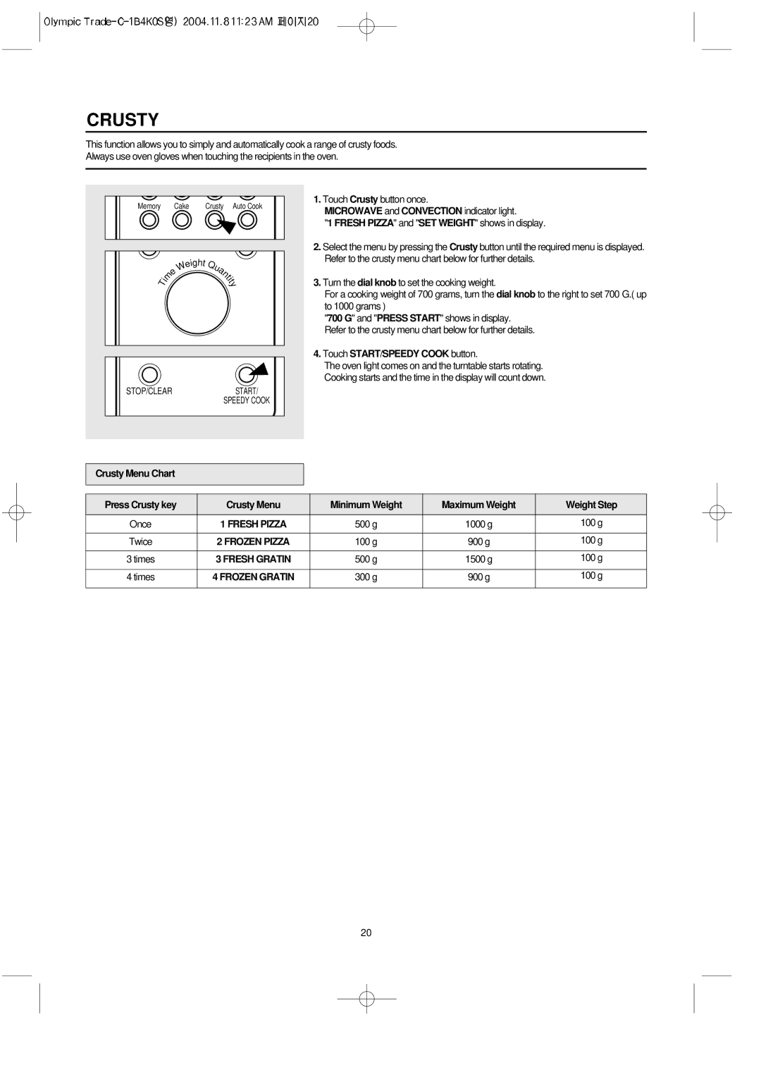 Daewoo KOC-1B4K owner manual Touch Crusty button once, Microwave and Convection indicator light 