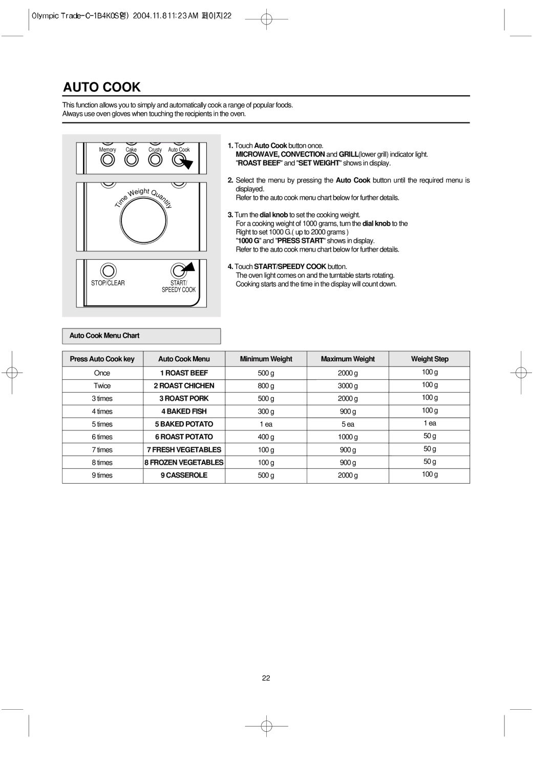 Daewoo KOC-1B4K owner manual Touch Auto Cook button once 