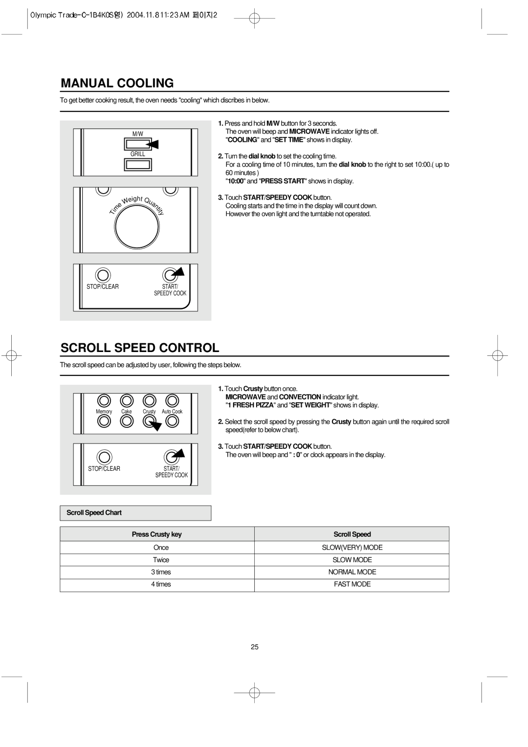 Daewoo KOC-1B4K owner manual Manual Cooling, Scroll Speed Control, Scroll Speed Chart Press Crusty key 