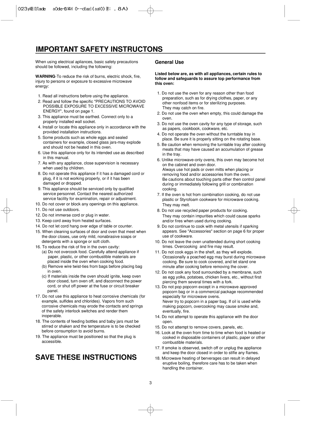 Daewoo KOC-1B4K owner manual Important Safety Instructons, General Use 