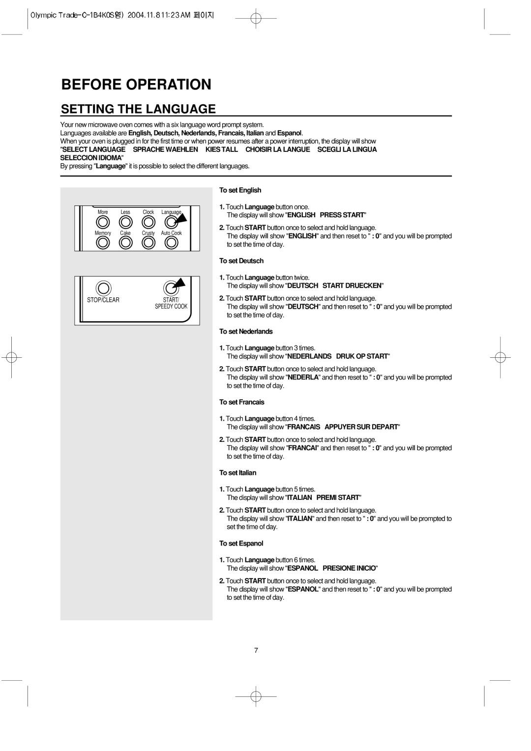 Daewoo KOC-1B4K owner manual Setting the Language 