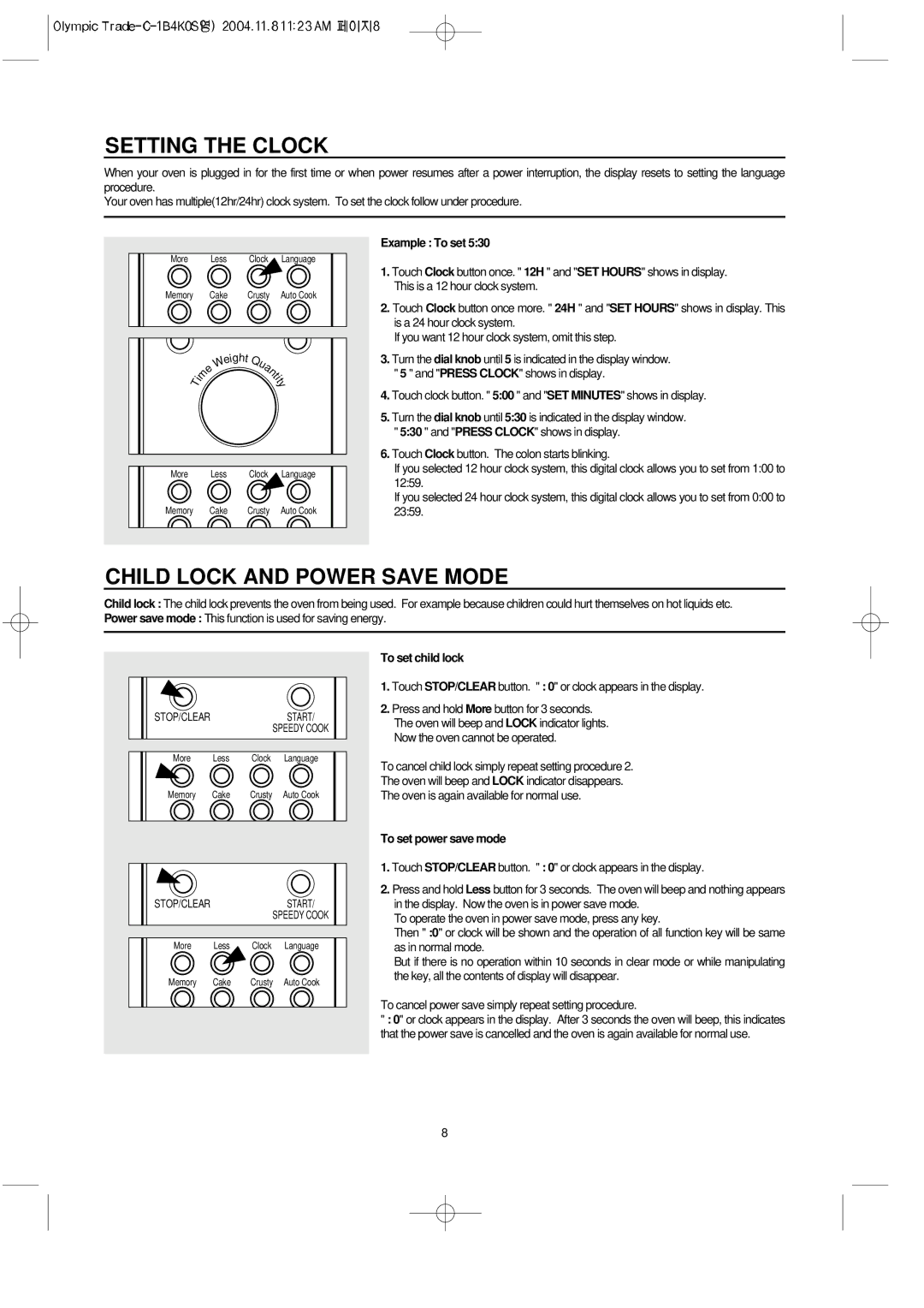 Daewoo KOC-1B4K owner manual Setting the Clock, Child Lock and Power Save Mode, Example To set, To set child lock 