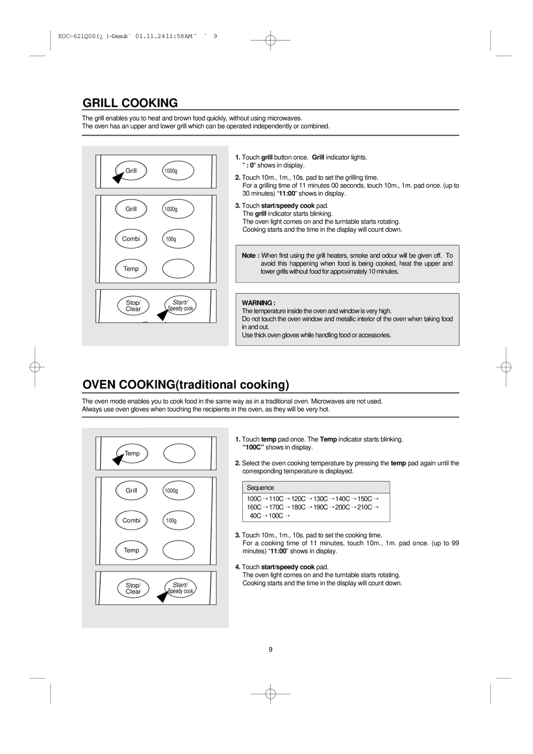 Daewoo KOC-621Q owner manual Grill Cooking, Touch start/speedy cook pad 