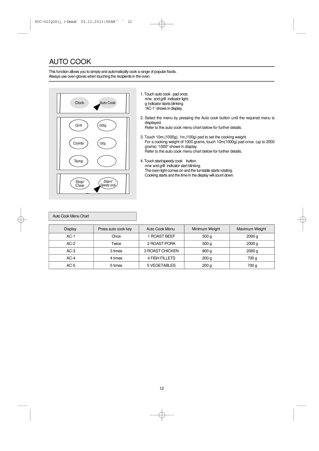 Daewoo KOC-621Q owner manual Auto Cook, Grill indicator start blinking 