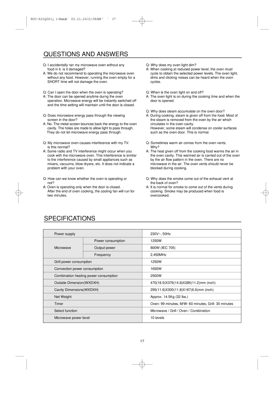 Daewoo KOC-621Q owner manual Questions and Answers, Specifications 