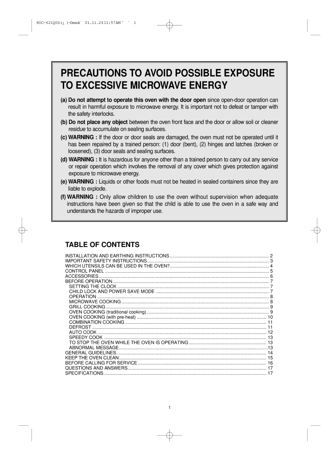 Daewoo KOC-621Q owner manual Table of Contents 