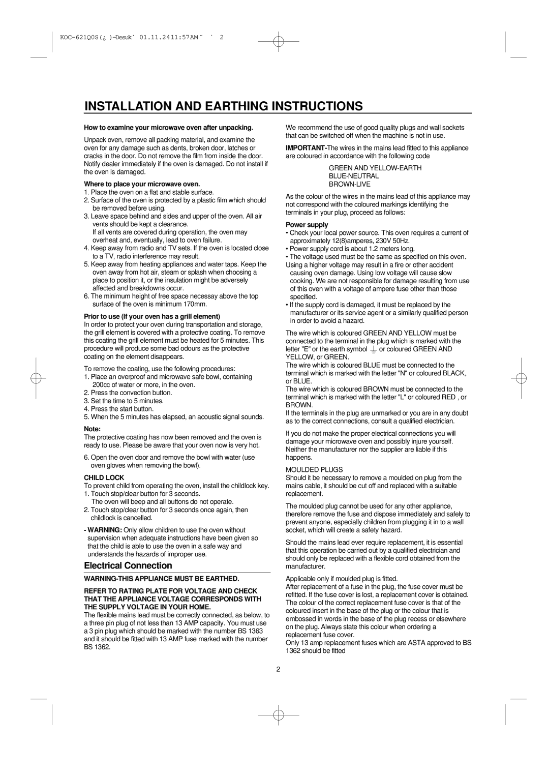 Daewoo KOC-621Q owner manual Installation and Earthing Instructions, Child Lock 