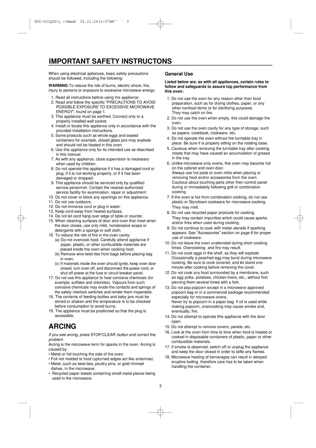 Daewoo KOC-621Q Important Safety Instructons, Arcing, Remove wire twist-ties from bags before placing bag in oven 