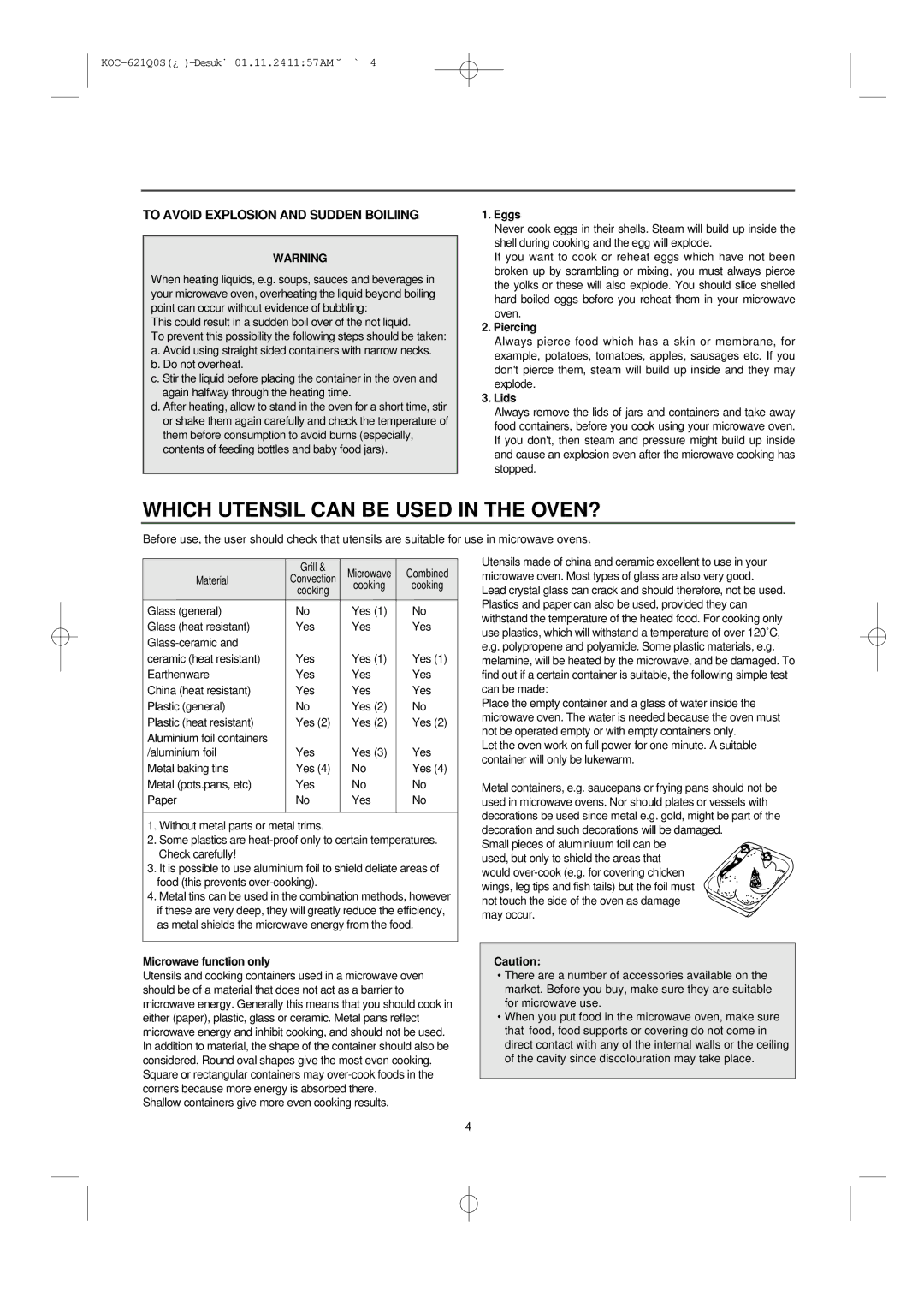 Daewoo KOC-621Q owner manual Which Utensil can be Used in the OVEN?, Eggs, Piercing, Lids, Microwave function only 