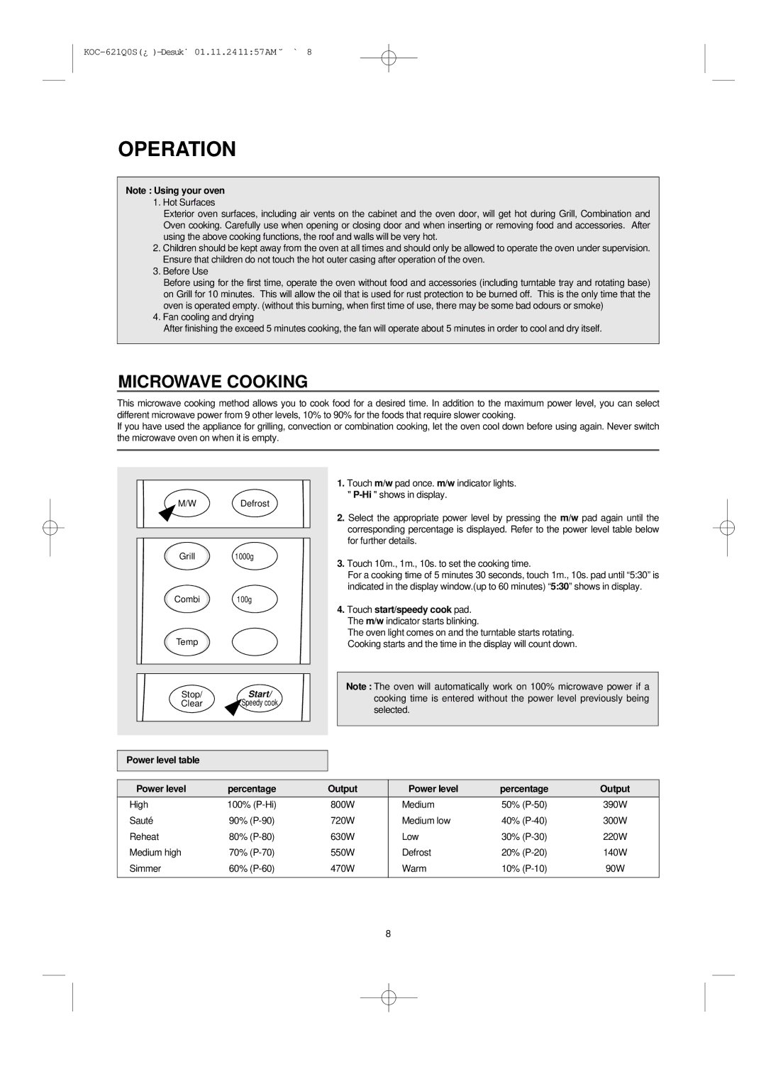 Daewoo KOC-621Q owner manual Microwave Cooking, Power level table, Power level Percentage Output 