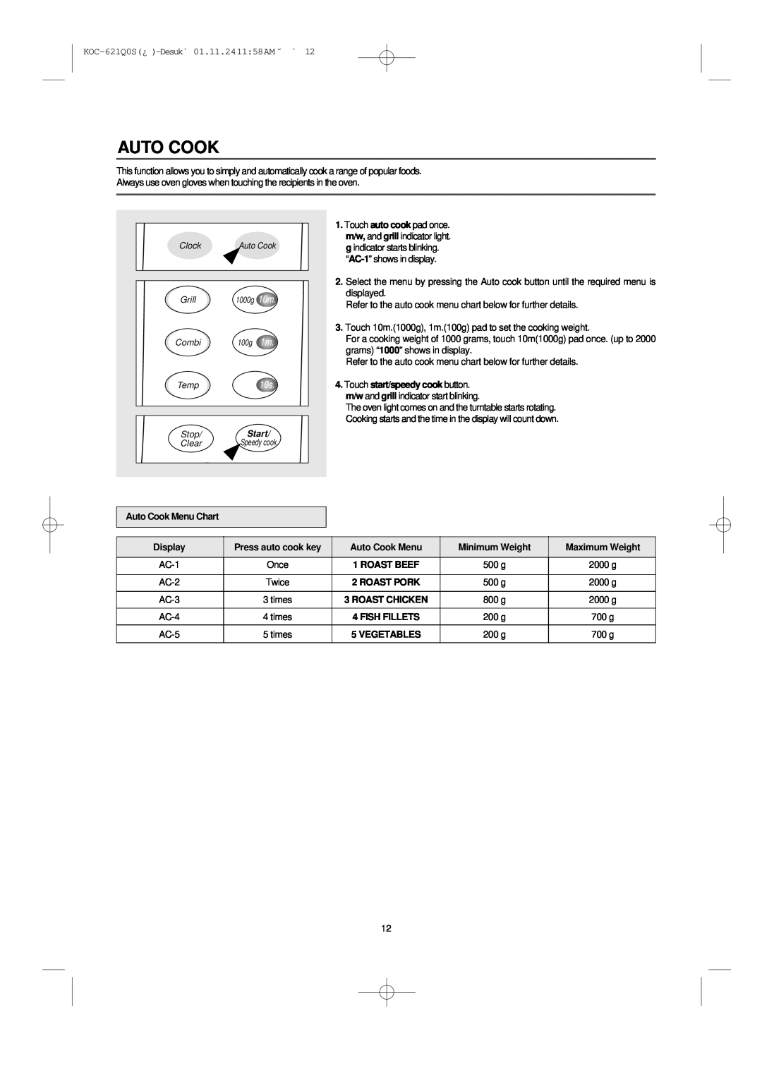 Daewoo KOC-621Q Touch start/speedy cook button, Auto Cook Menu Chart, Display, Press auto cook key, Minimum Weight 
