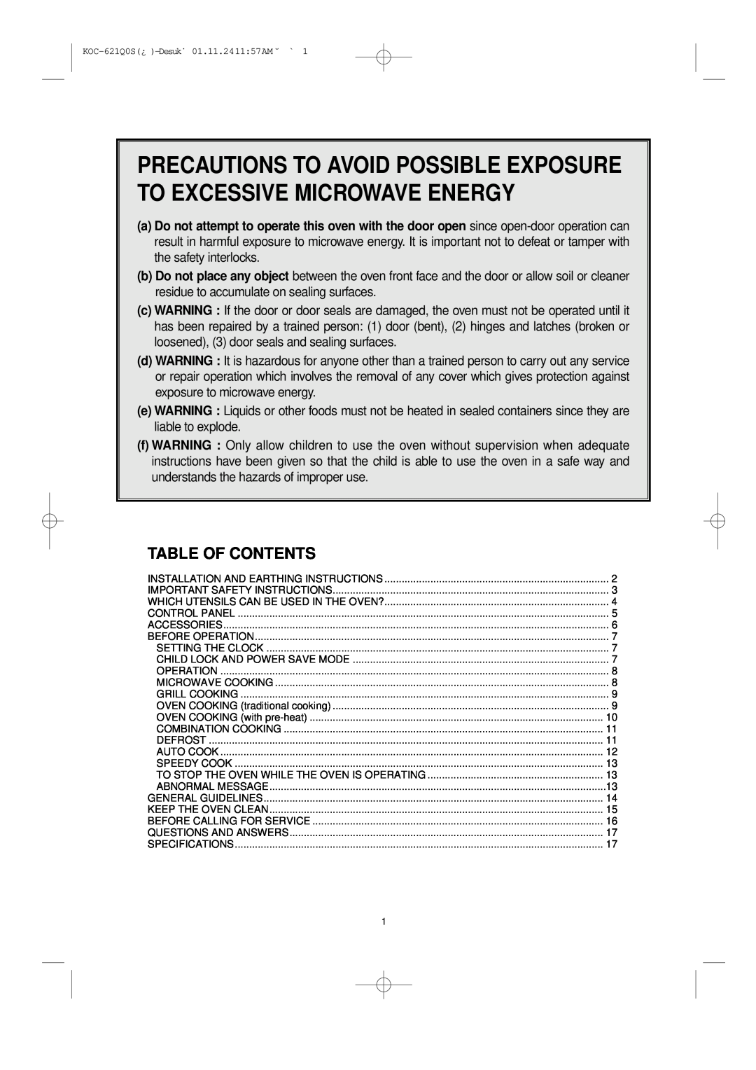 Daewoo KOC-621Q owner manual Precautions To Avoid Possible Exposure To Excessive Microwave Energy, Table Of Contents 