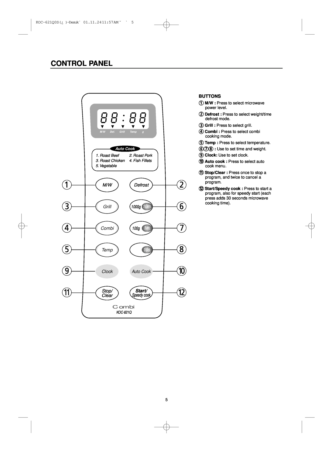 Daewoo KOC-621Q owner manual Control Panel, Combi, Stop, Buttons, Defrost, Grill, 100g 1m, Temp, Clock, Start, Clear 
