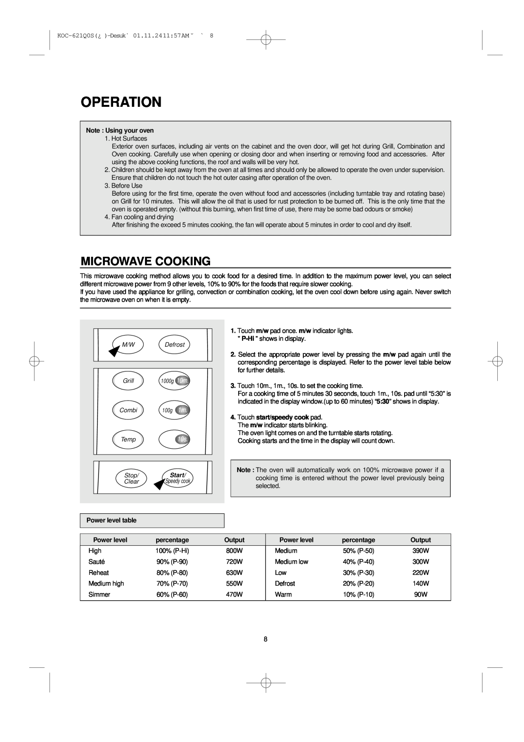 Daewoo KOC-621Q owner manual Operation, Microwave Cooking, Note Using your oven, Power level table, percentage, Output 