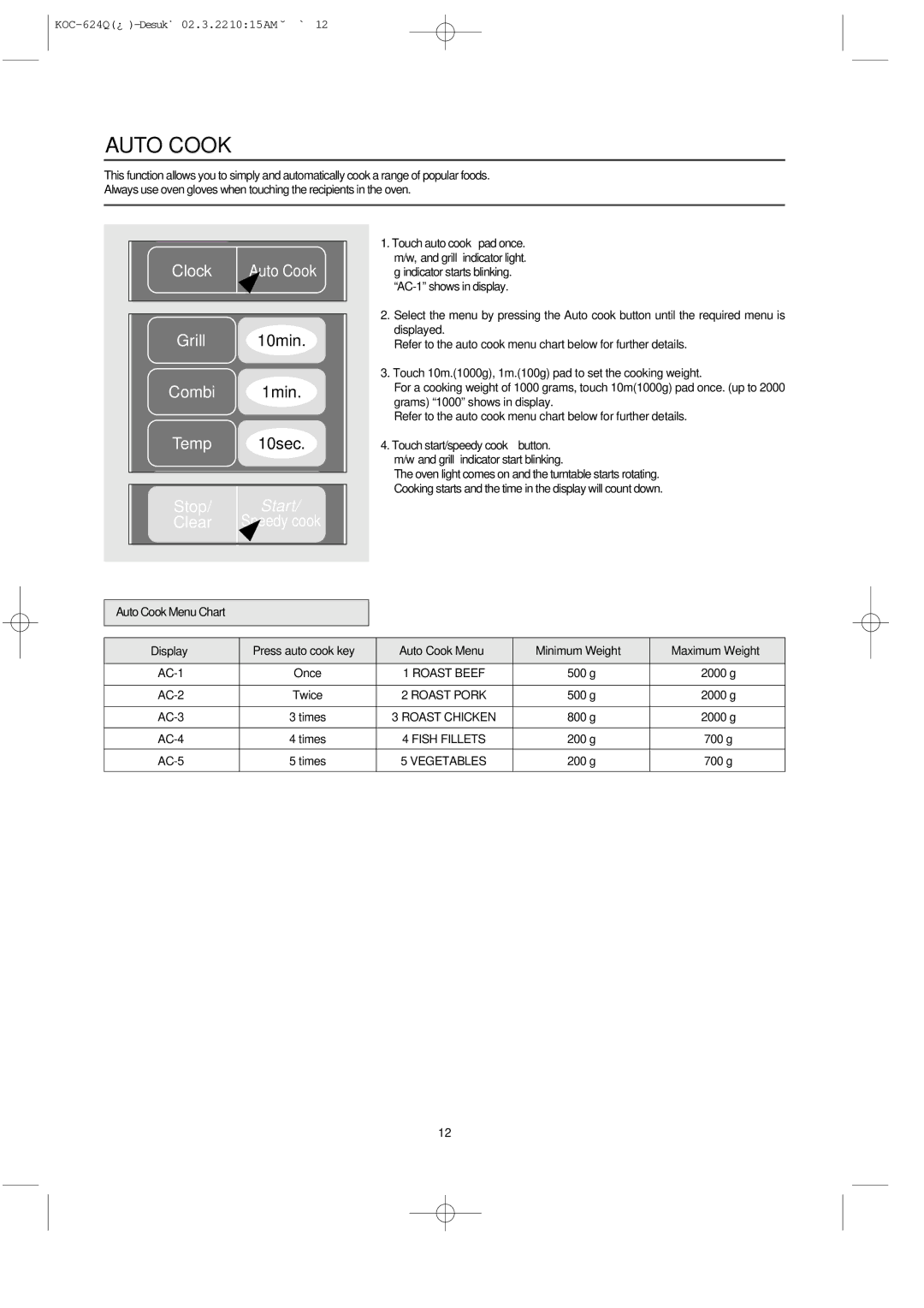 Daewoo KOC-624Q owner manual Auto Cook, Roast Chicken 