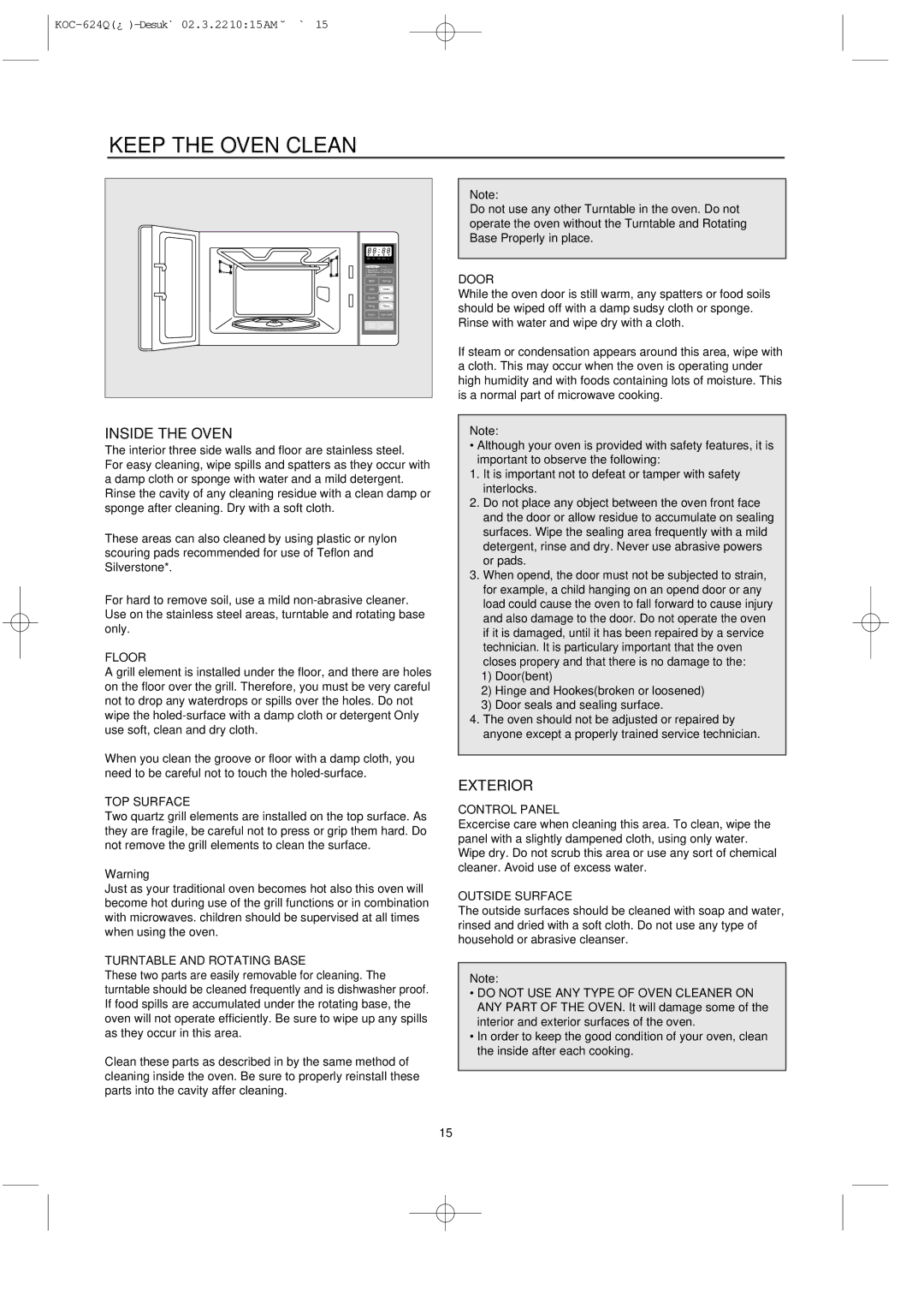 Daewoo KOC-624Q owner manual Keep the Oven Clean 