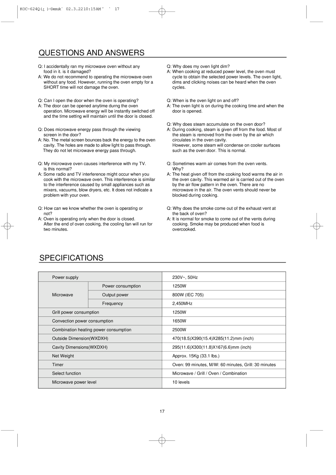 Daewoo KOC-624Q owner manual Questions and Answers, Specifications 