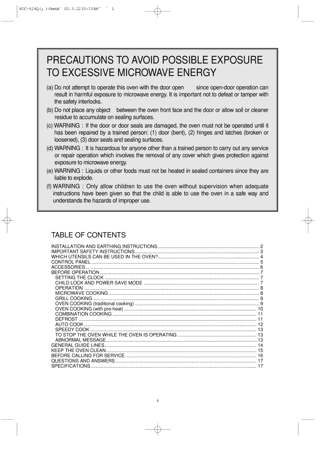 Daewoo KOC-624Q owner manual Table of Contents 