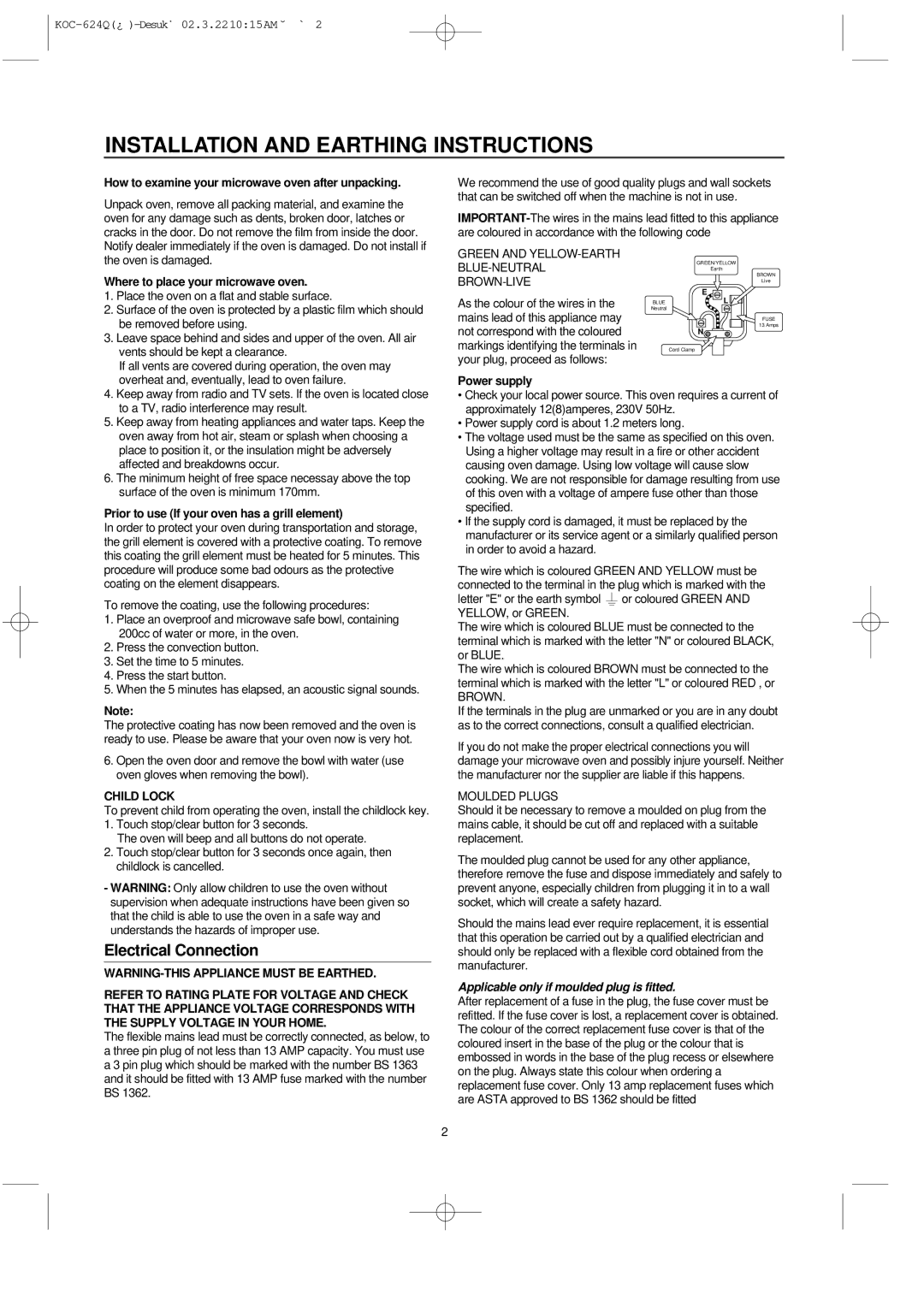 Daewoo KOC-624Q owner manual Installation and Earthing Instructions, Child Lock 