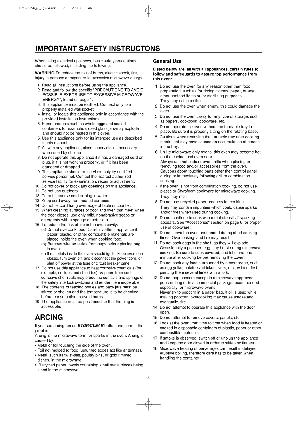 Daewoo KOC-624Q owner manual Important Safety Instructons, Arcing 