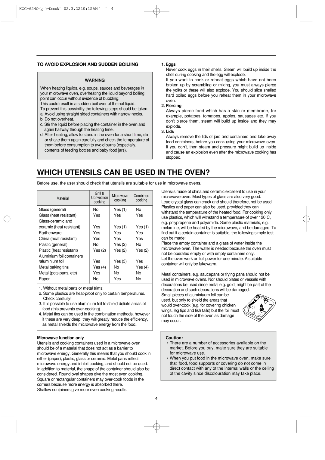 Daewoo KOC-624Q owner manual Which Utensils can be Used in the OVEN?, Eggs, Piercing, Lids, Microwave function only 