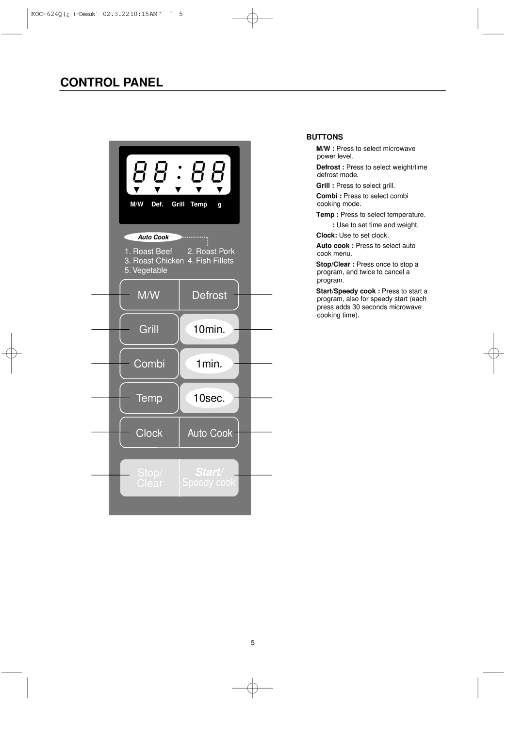 Daewoo KOC-624Q Control Panel, Start/Speedy cook Press to start a, Program, also for speedy start each, Cooking time 