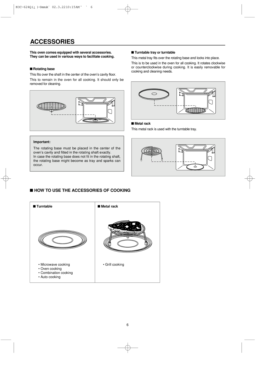 Daewoo KOC-624Q owner manual Accessories, Rotating base, Turntable tray or turntable, Turntable Metal rack 