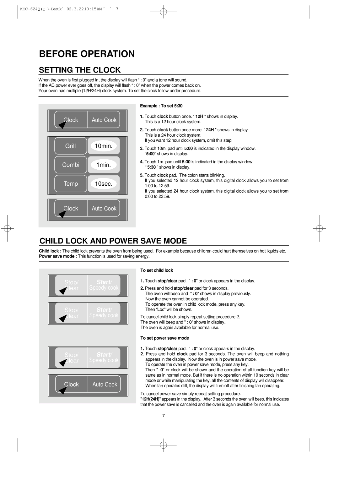 Daewoo KOC-624Q owner manual Setting the Clock, Child Lock and Power Save Mode, Example To set, To set child lock 