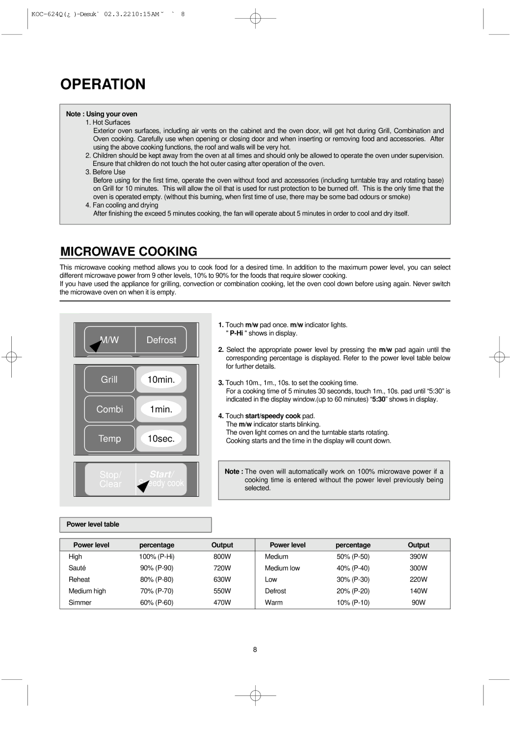 Daewoo KOC-624Q owner manual Microwave Cooking, Power level table Percentage Output 