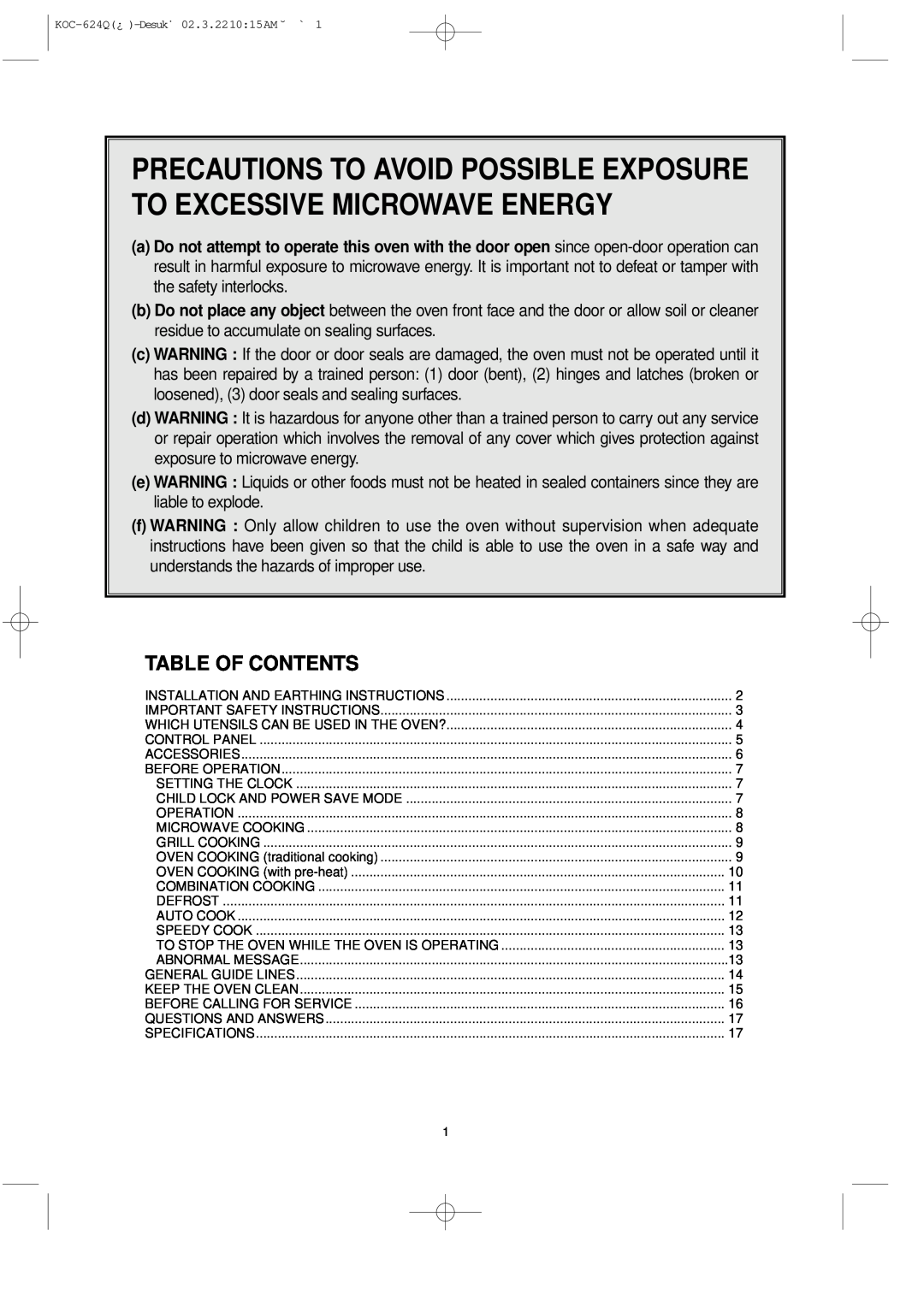 Daewoo KOC-624Q owner manual Precautions To Avoid Possible Exposure To Excessive Microwave Energy, Table Of Contents 