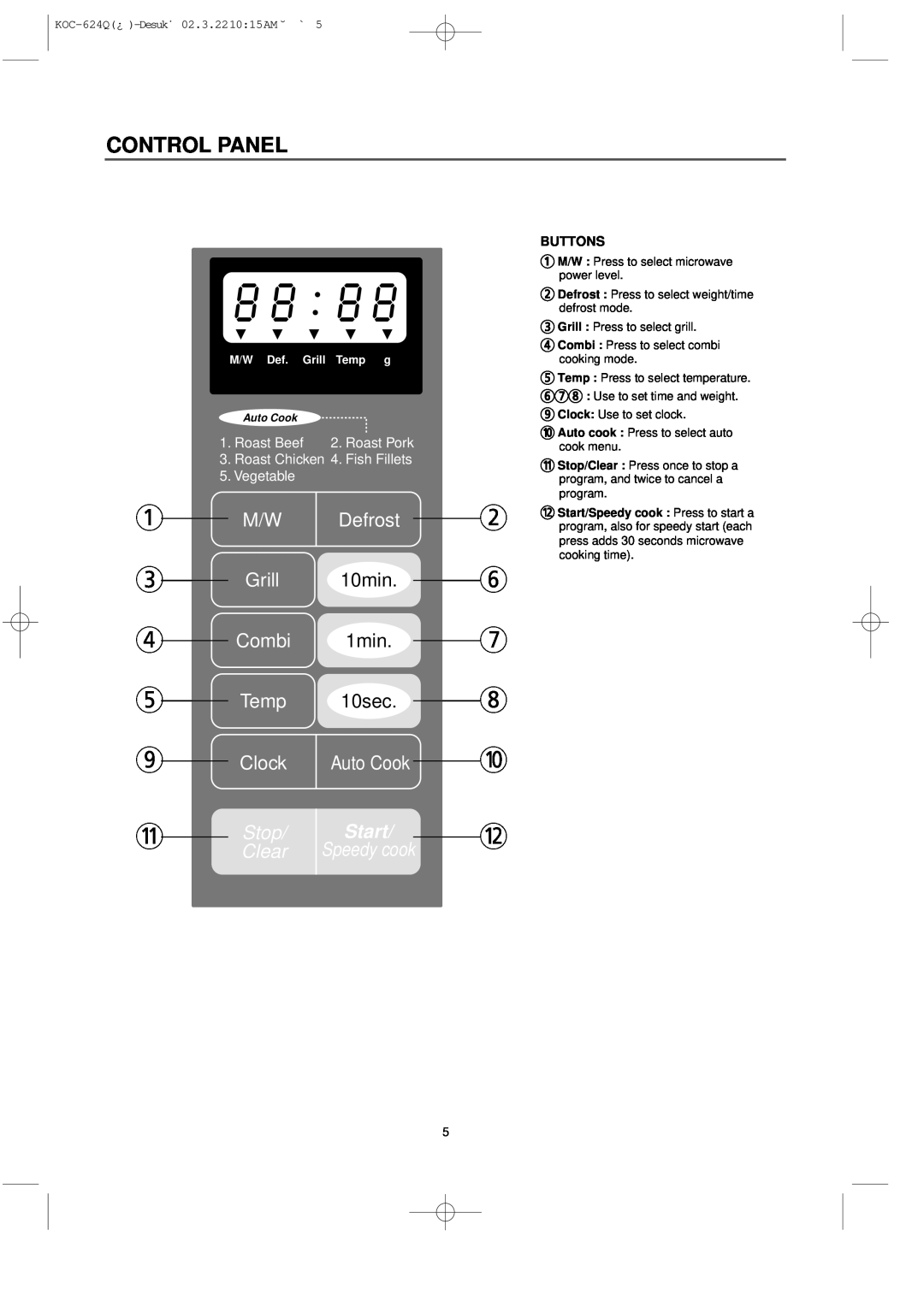Daewoo KOC-624Q Control Panel, Defrost, Grill, 10min, Combi, 1min, Temp, 10sec, Clock, Stop, Start, Clear, Auto Cook 
