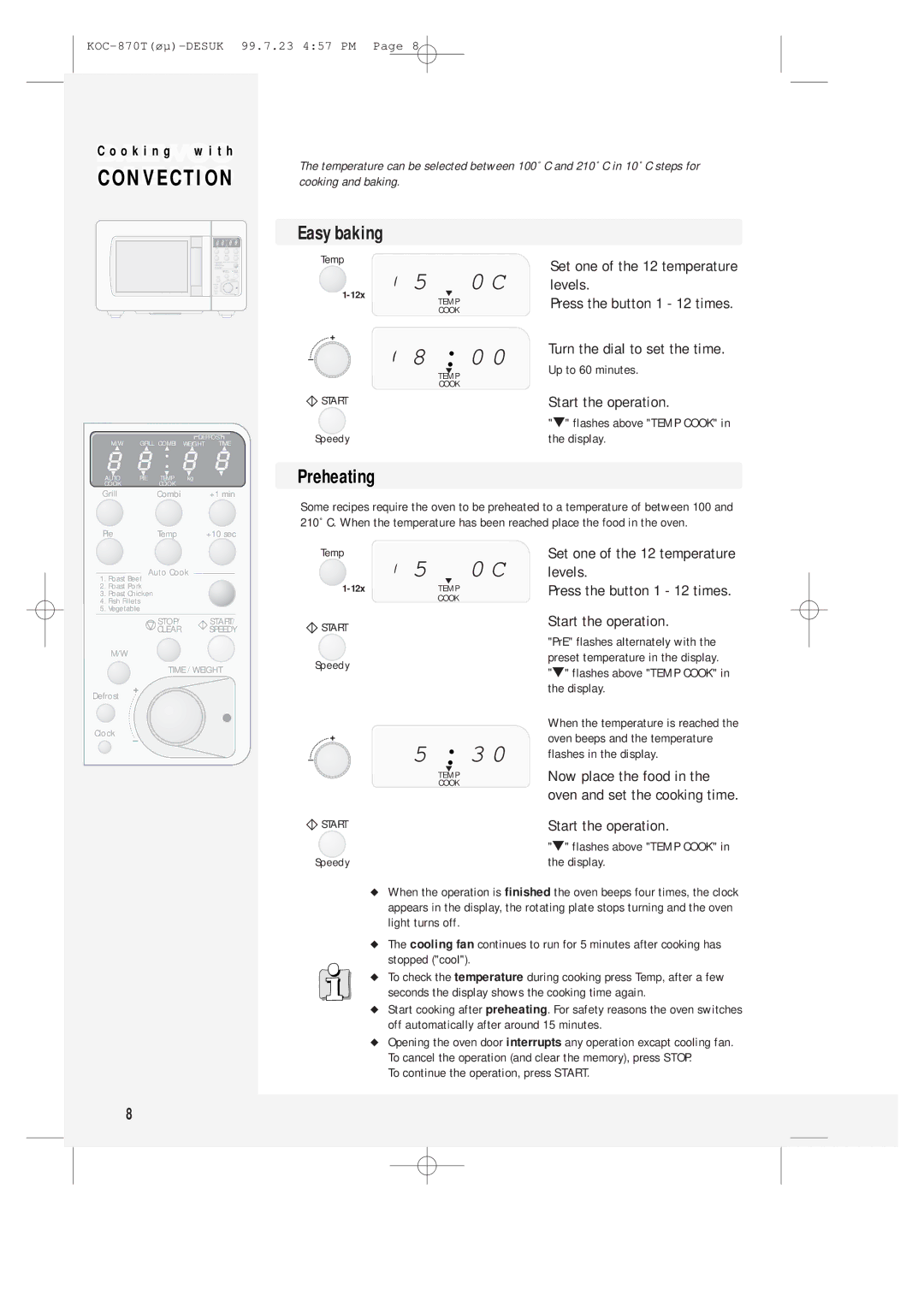 Daewoo KOC-870T Easy baking, Preheating, Flashes above Temp Cook in the display, To continue the operation, press Start 