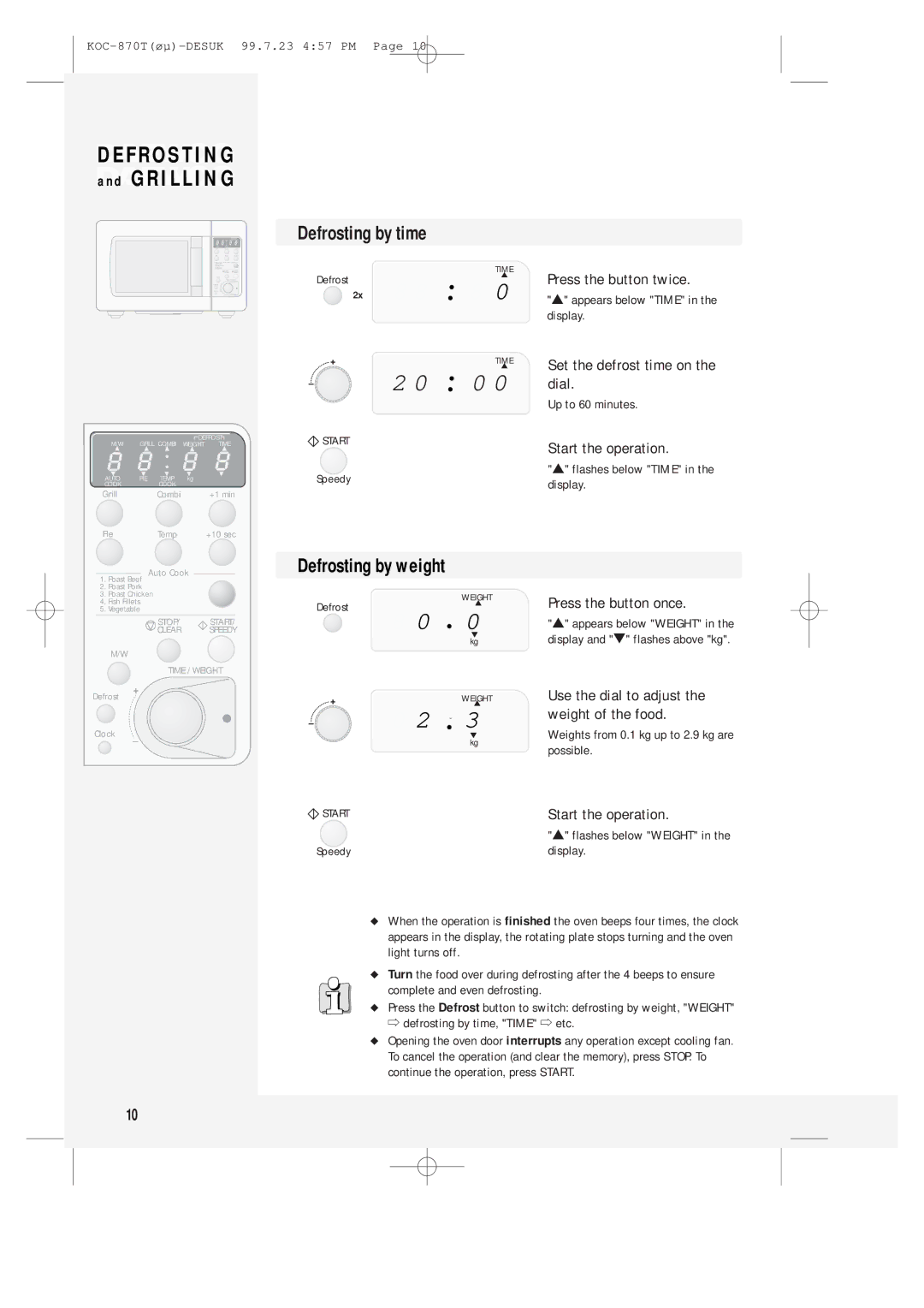 Daewoo KOC-870T instruction manual Defrosting by time, Defrosting by weight, Press the button twice, Press the button once 