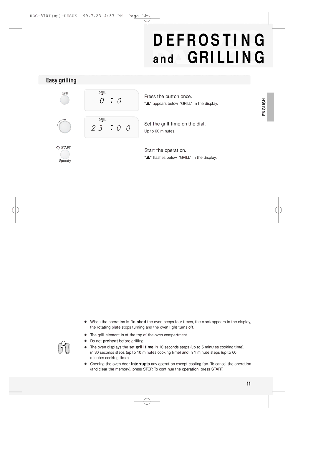 Daewoo KOC-870T instruction manual Easy grilling, Set the grill time on the dial, Flashes below Grill in the display 