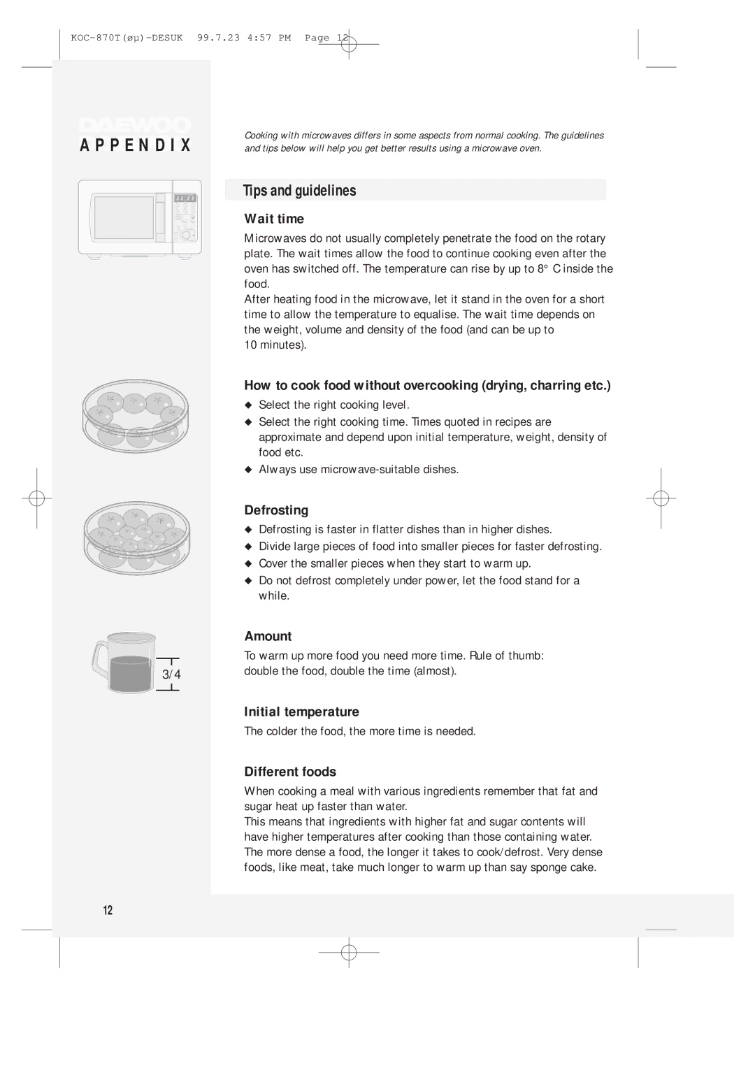 Daewoo KOC-870T instruction manual Tips and guidelines, Minutes, Colder the food, the more time is needed 