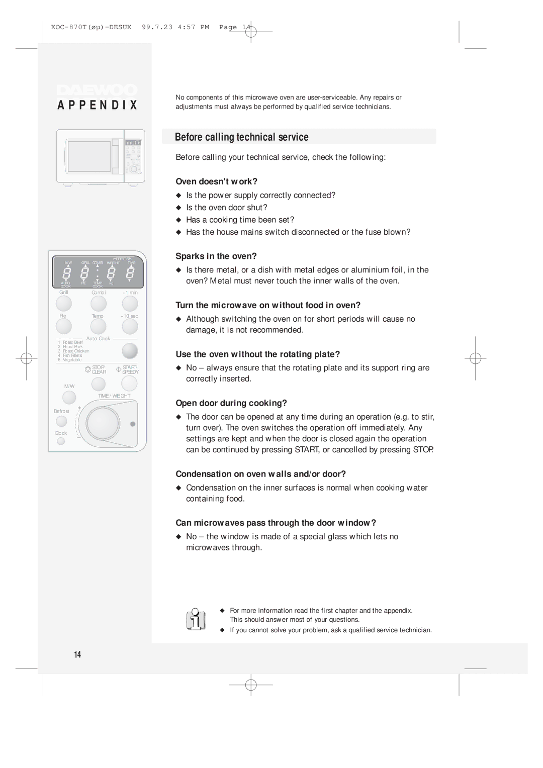 Daewoo KOC-870T instruction manual Before calling technical service 