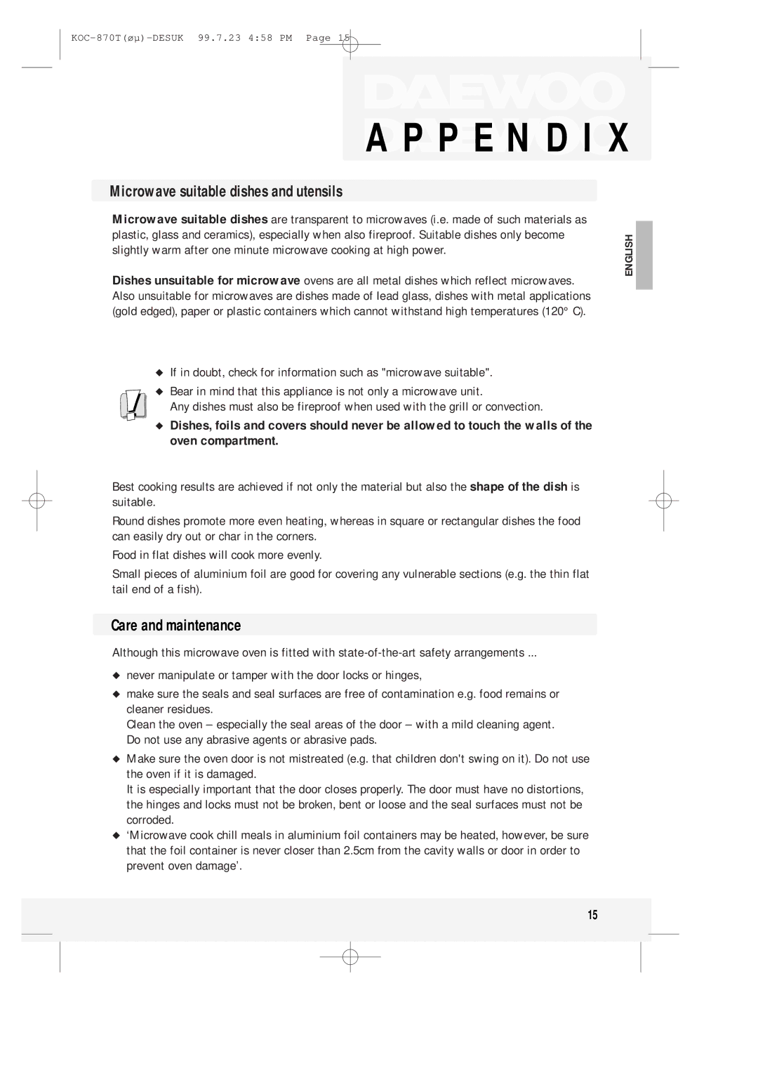 Daewoo KOC-870T instruction manual Microwave suitable dishes and utensils, Care and maintenance 